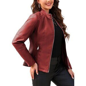 Women's Red Faux Leather Quilted Shoulders & Classic Zipper Belts Biker Jacket